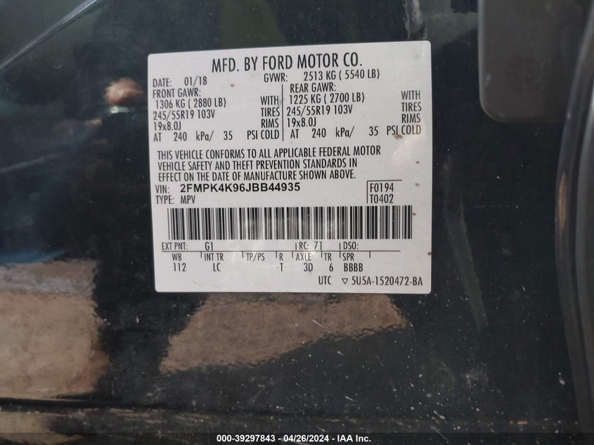 VIN 2FMPK4K96JBB44935 2018 FORD EDGE TITANIUM