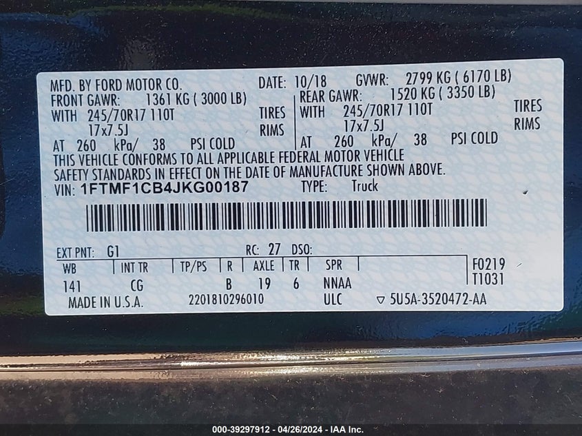 VIN 1FTMF1CB4JKG00187 2018 FORD F-150 XL