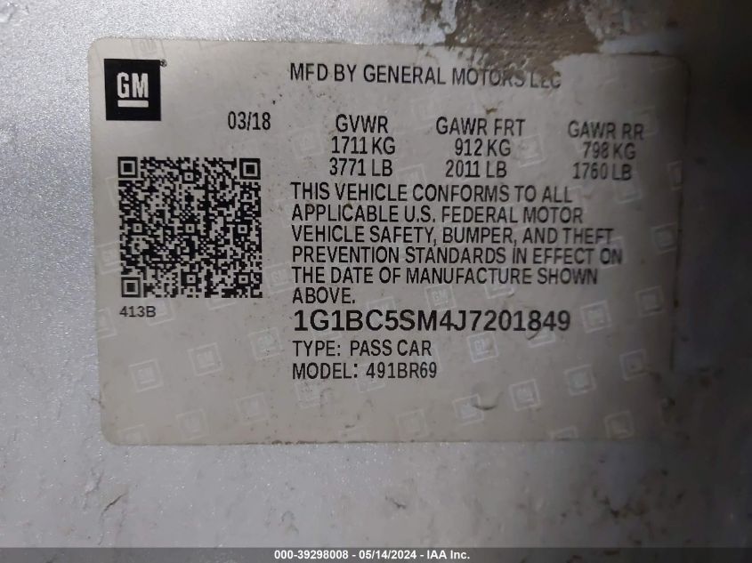 2018 Chevrolet Cruze Ls Auto VIN: 1G1BC5SM4J7201849 Lot: 39298008