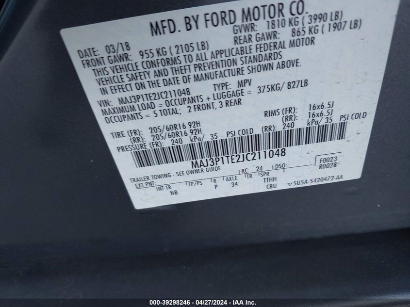 VIN MAJ3P1TE2JC211048 2018 FORD ECOSPORT SE