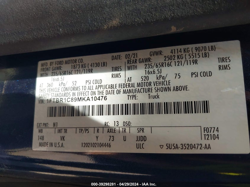 2021 FORD TRANSIT T-250 - 1FTBR1C89MKA10476