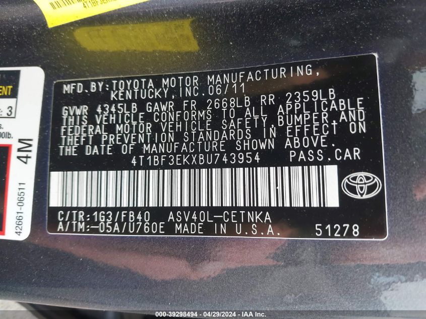 2011 Toyota Camry Le VIN: 4T1BF3EKXBU743954 Lot: 39298494