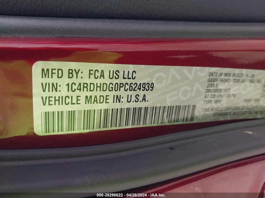 VIN 1C4RDHDG0PC624939 2023 DODGE DURANGO GT PLUS RWD