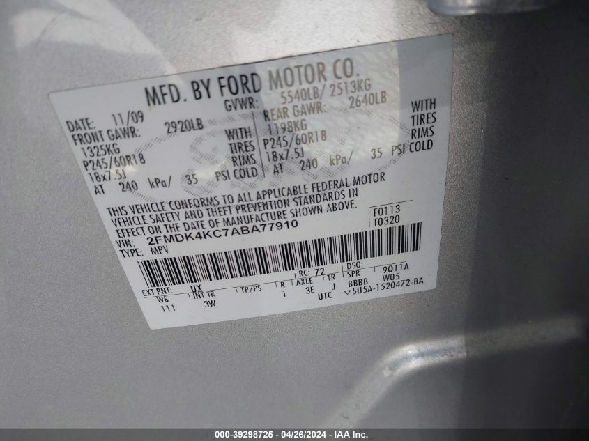2010 Ford Edge Limited VIN: 2FMDK4KC7ABA77910 Lot: 39298725