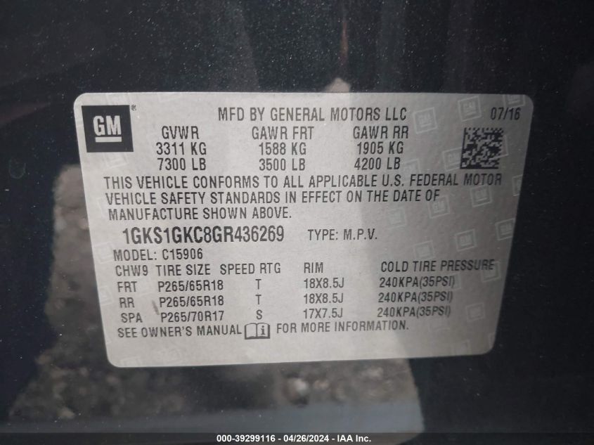 1GKS1GKC8GR436269 2016 GMC Yukon Xl Slt