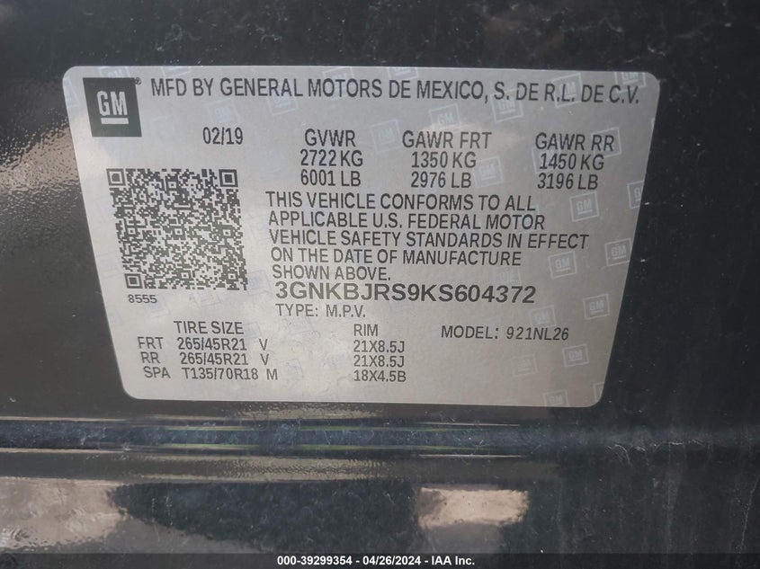 VIN 3GNKBJRS9KS604372 2019 CHEVROLET BLAZER RS