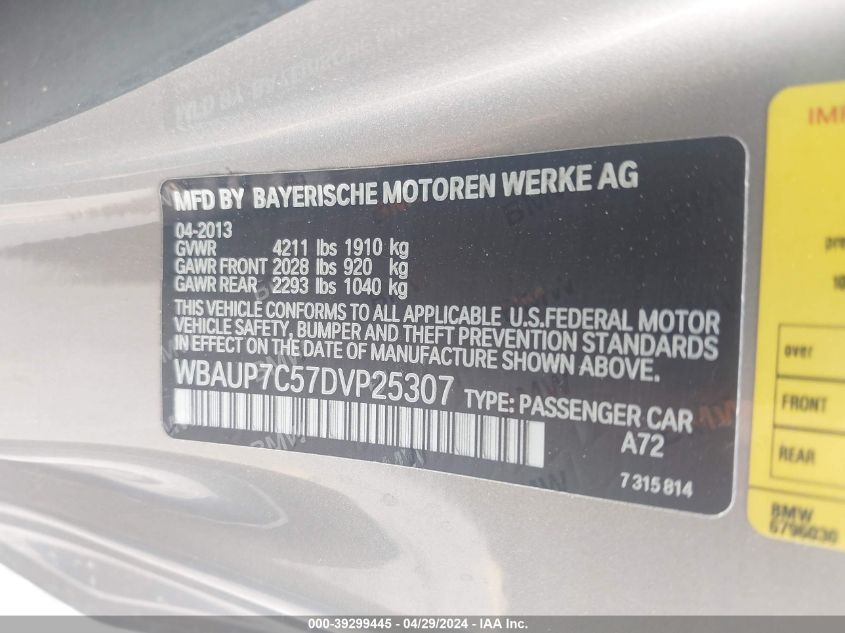2013 BMW 128I VIN: WBAUP7C57DVP25307 Lot: 39299445