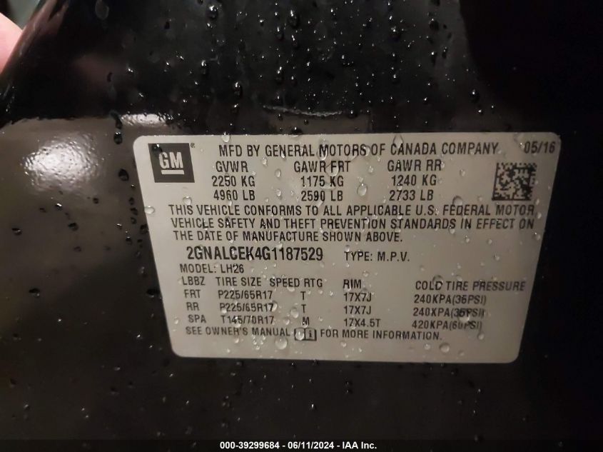 2016 Chevrolet Equinox Lt VIN: 2GNALCEK4G1187529 Lot: 39299684