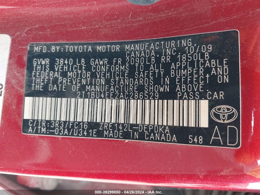 2010 Toyota Corolla Le VIN: 2T1BU4EE2AC286529 Lot: 39299850