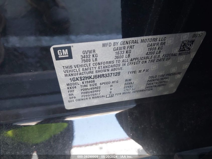 2017 GMC Yukon Xl Denali VIN: 1GKS2HKJ6HR337128 Lot: 39299909