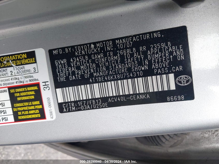 4T1BE46KX8U754310 2008 Toyota Camry Le