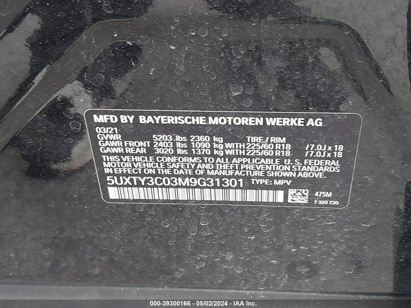 2021 BMW X3 SDRIVE30I VIN: 5UXTY3C03M9G31301