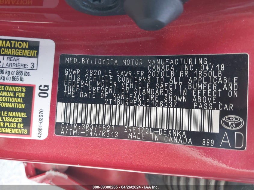 2018 TOYOTA COROLLA LE - 2T1BURHE3JC106337