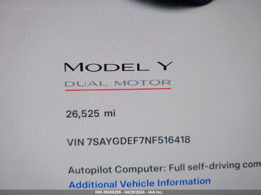 2022 Tesla Model Y Performance Dual Motor All-Wheel Drive VIN: 7SAYGDEF7NF516418 Lot: 39300295