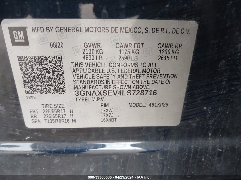 VIN 3GNAXSEV4LS728716 2020 CHEVROLET EQUINOX AWD LS
