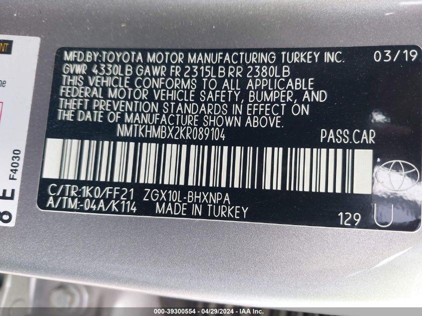 NMTKHMBX2KR089104 2019 Toyota C-Hr Xle