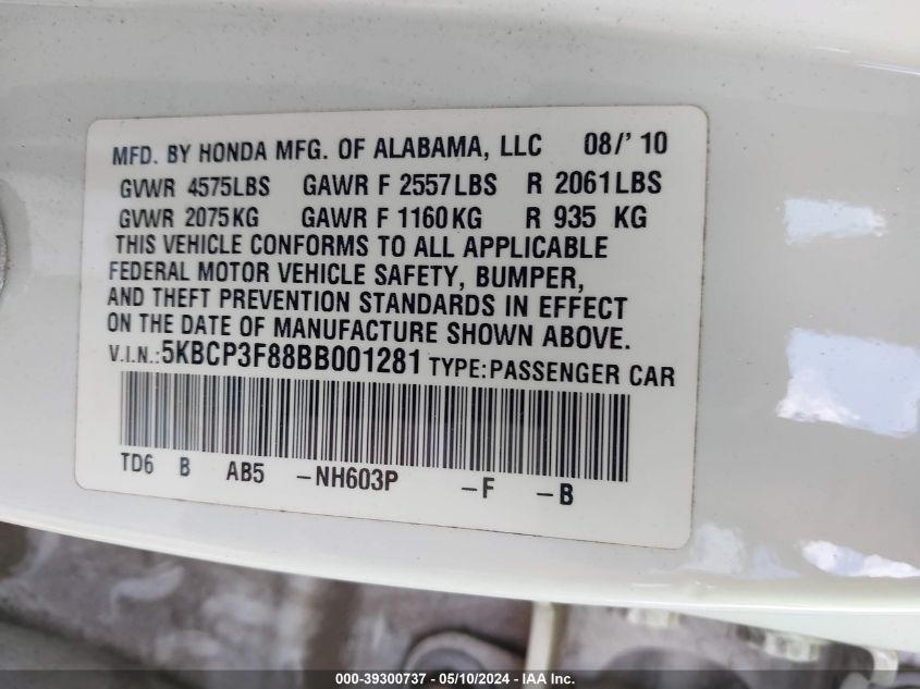 2011 Honda Accord 3.5 Ex-L VIN: 5KBCP3F88BB001281 Lot: 39300737