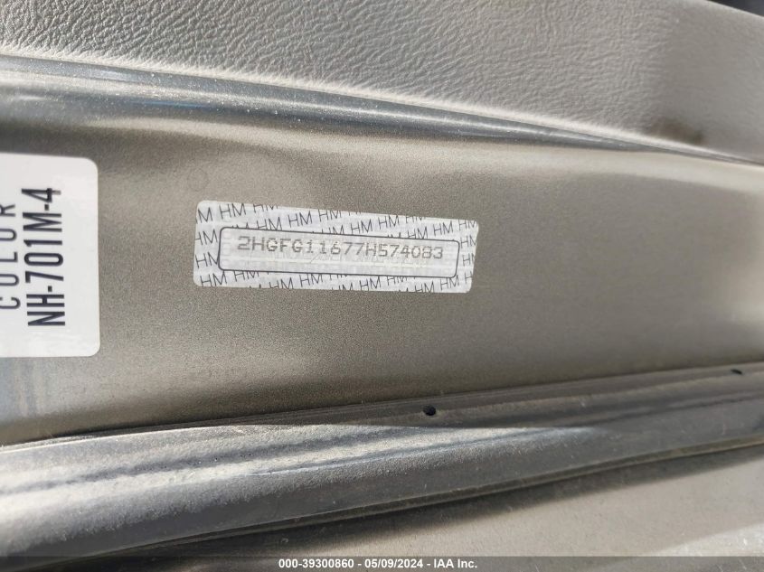 2007 Honda Civic Lx VIN: 2HGFG11677H574083 Lot: 39300860