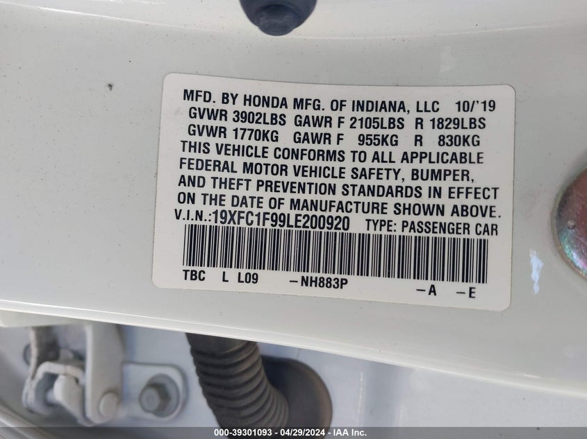 2020 HONDA CIVIC TOURING - 19XFC1F99LE200920