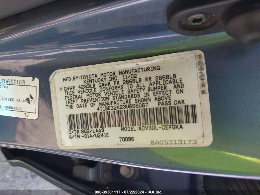 2003 Toyota Camry Xle VIN: 4T1BE32K23U666067 Lot: 39301117