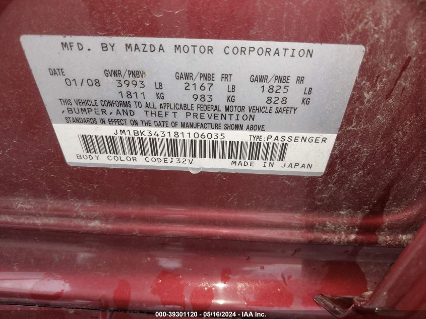 2008 Mazda Mazda3 S Grand Touring VIN: JM1BK343181106035 Lot: 39301120