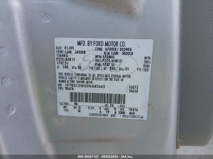2005 Ford F-150 Stx/Xl/Xlt VIN: 1FTRX12W55NA83445 Lot: 39301157
