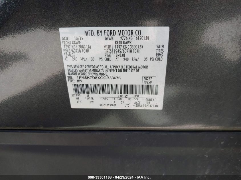 2016 Ford Explorer Xlt VIN: 1FM5K7D8XGGB33676 Lot: 39301168