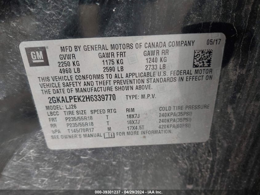 VIN 2GKALPEK2H6339770 2017 GMC TERRAIN SLT