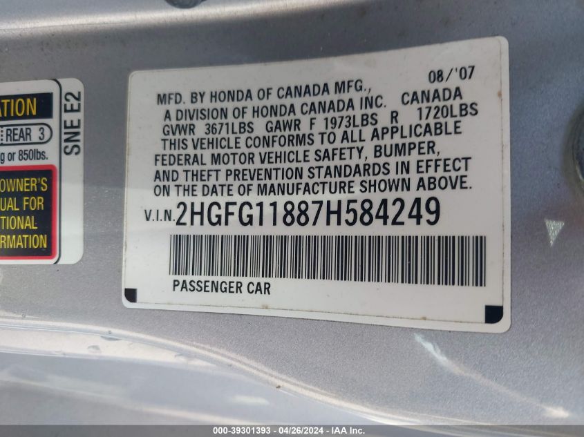 2HGFG11887H584249 | 2007 HONDA CIVIC