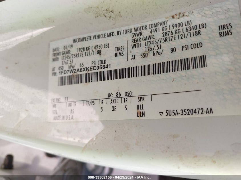 2019 Ford F-250 VIN: 1FD7W2A6XKEE06641 Lot: 39302156