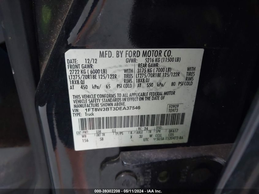 2013 Ford F-350 Lariat VIN: 1FT8W3BT3DEA37546 Lot: 39302208