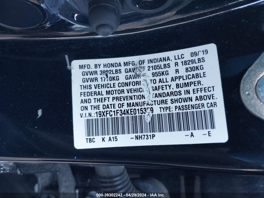 VIN 19XFC1F34KE015359 2019 HONDA CIVIC EX