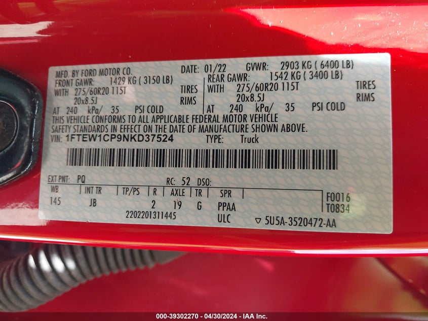 VIN 1FTEW1CP9NKD37524 2022 FORD F-150 XL
