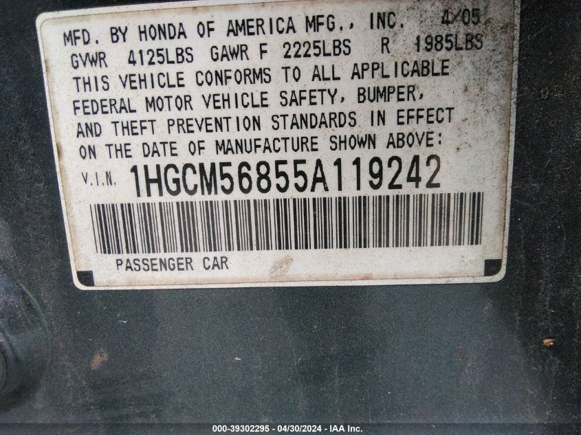 1HGCM56855A119242 | 2005 HONDA ACCORD