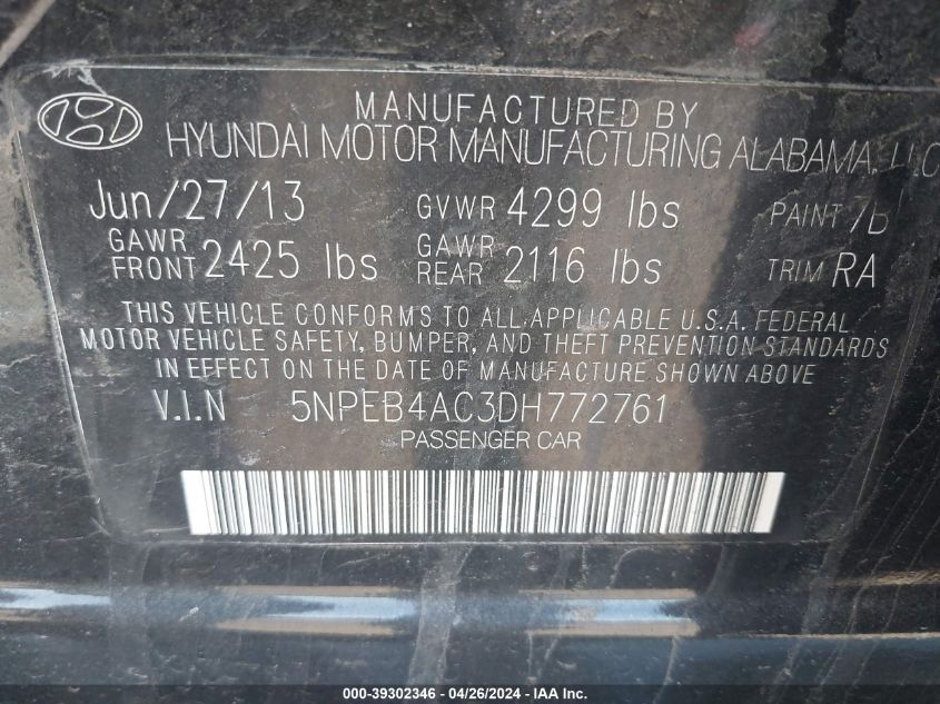 5NPEB4AC3DH772761 | 2013 HYUNDAI SONATA