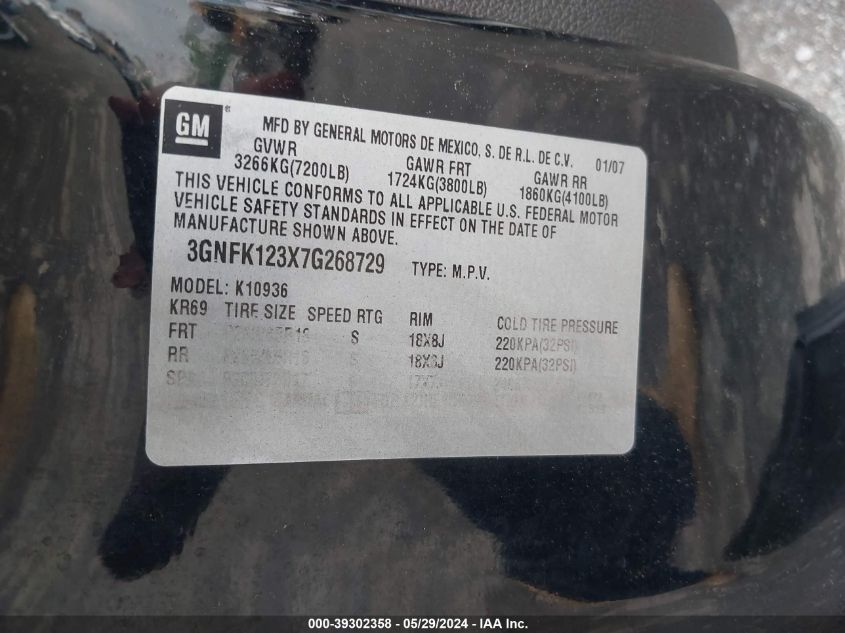 2007 Chevrolet Avalanche 1500 Lt VIN: 3GNFK123X7G268729 Lot: 39302358