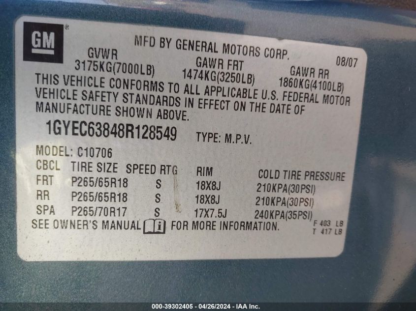 2008 Cadillac Escalade Standard VIN: 1GYEC63848R128549 Lot: 39302405