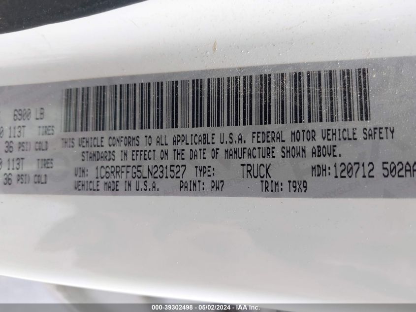 2020 Ram 1500 Big Horn 4X4 5'7 Box VIN: 1C6RRFFG5LN231527 Lot: 39302498