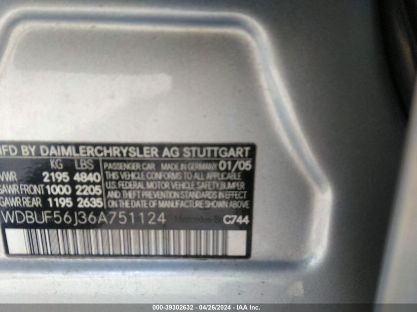 2006 Mercedes-Benz E 350 VIN: WDBUF56J36A751124 Lot: 39302632