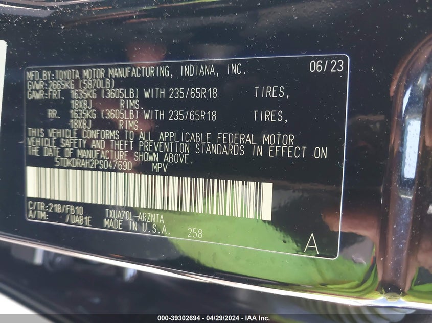 2023 TOYOTA HIGHLANDER VIN: 5TDKDRAH2PS047690