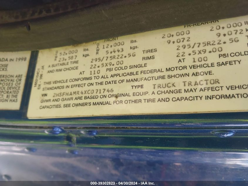 1999 International 9000 9400 VIN: 2HSFHAMR4XC071746 Lot: 39302823
