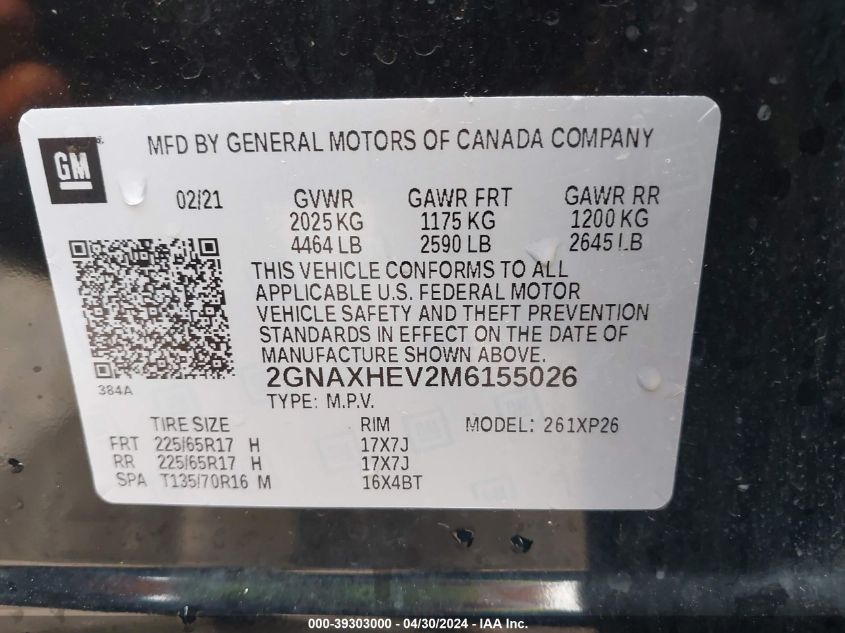 2021 Chevrolet Equinox Fwd Ls VIN: 2GNAXHEV2M6155026 Lot: 39303000