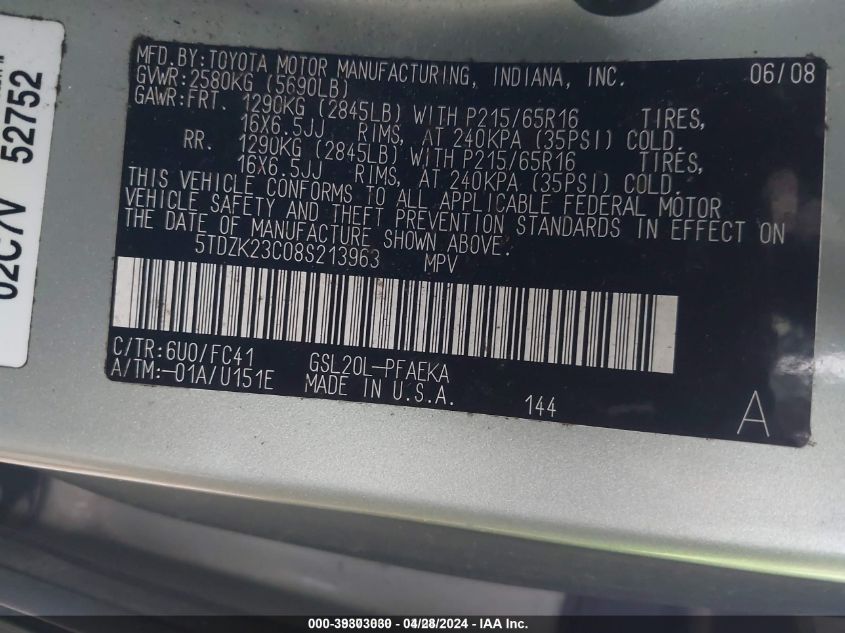 2008 Toyota Sienna Le VIN: 5TDZK23C08S213963 Lot: 39303030