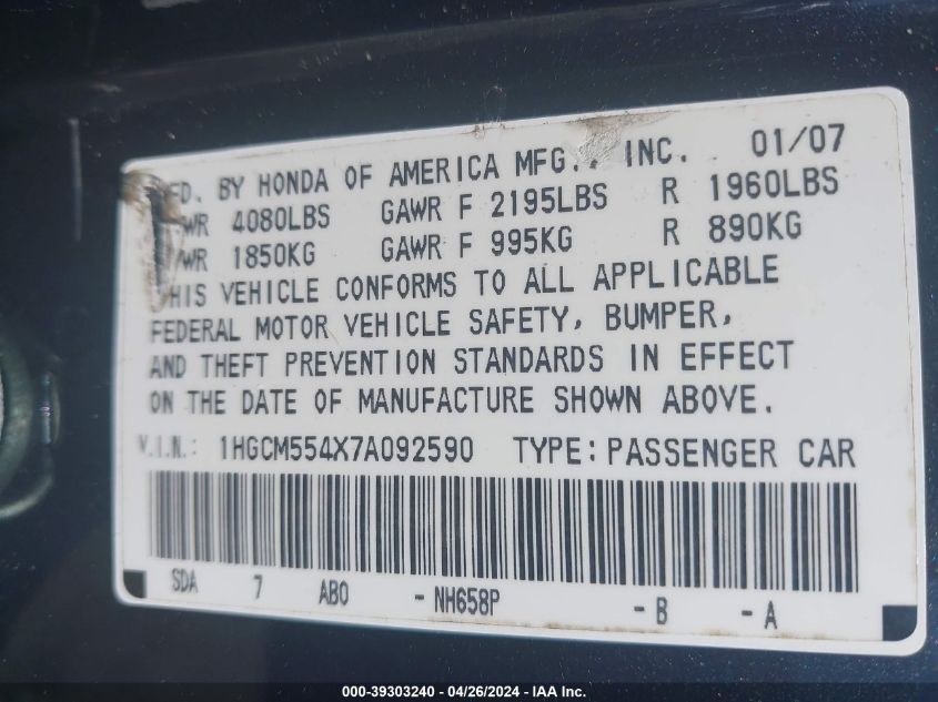 1HGCM554X7A092590 | 2007 HONDA ACCORD