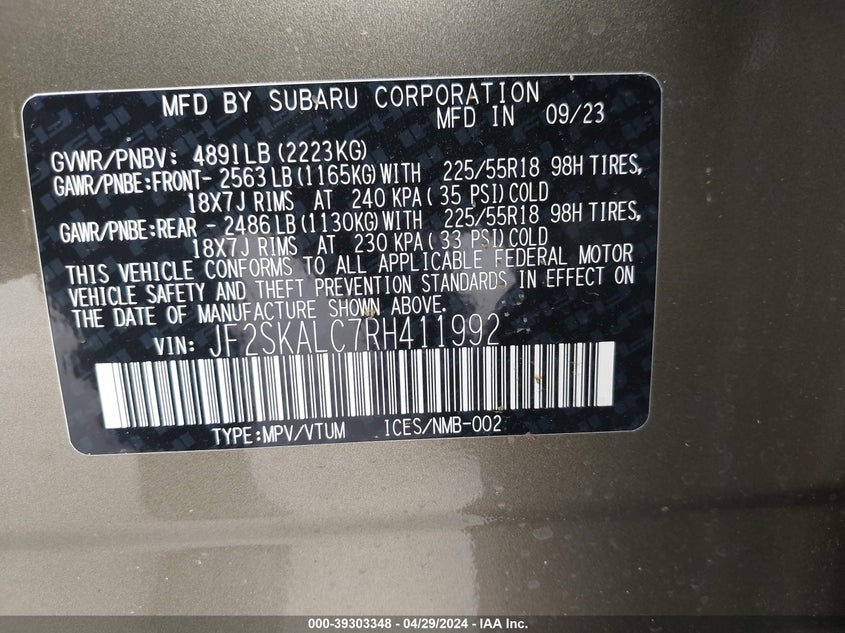 2024 SUBARU FORESTER 2.5L H-4 DI, DOHC, V(VIN: JF2SKALC7RH411992