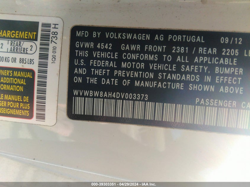 2013 VOLKSWAGEN EOS KOMFORT/SPORT - WVWBW8AH4DV003373