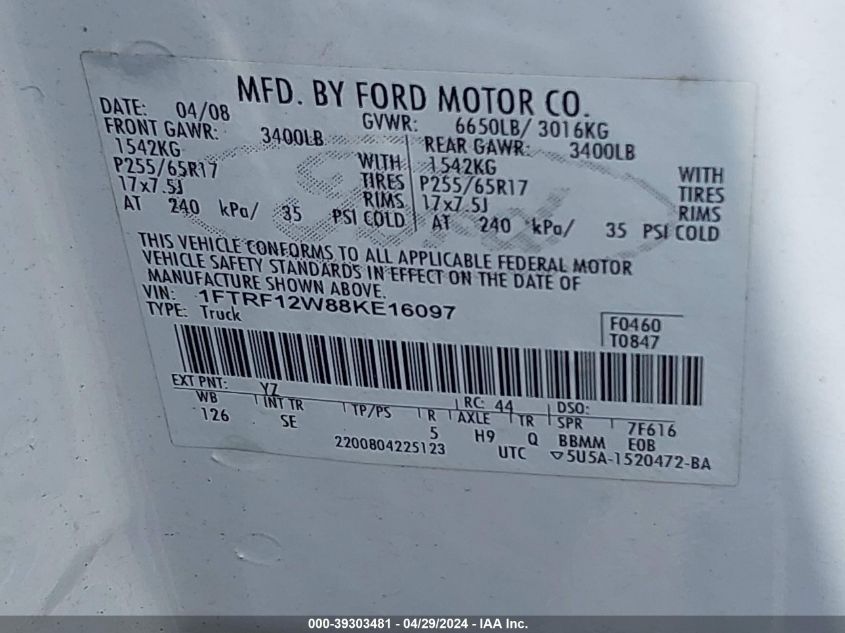 1FTRF12W88KE16097 | 2008 FORD F-150