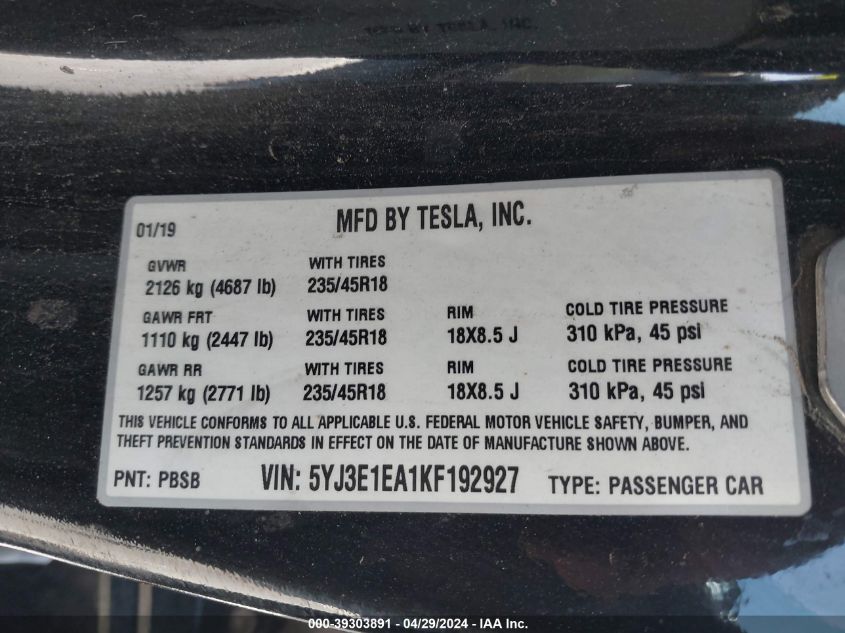 2019 Tesla Model 3 Long Range/Mid Range/Standard Range/Standard Range Plus VIN: 5YJ3E1EA1KF192927 Lot: 39303891