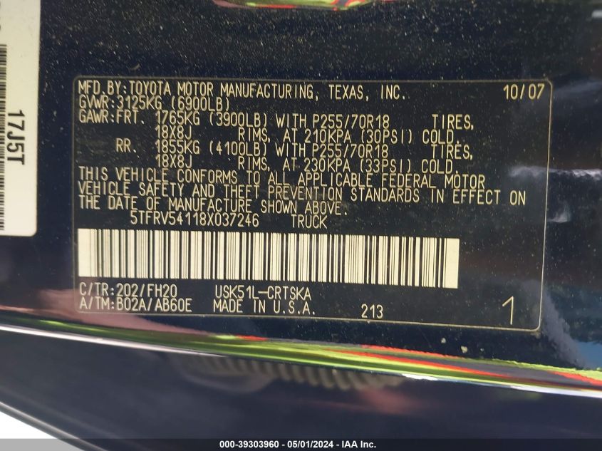 2008 Toyota Tundra Sr5 5.7L V8 VIN: 5TFRV54118X037246 Lot: 39303960