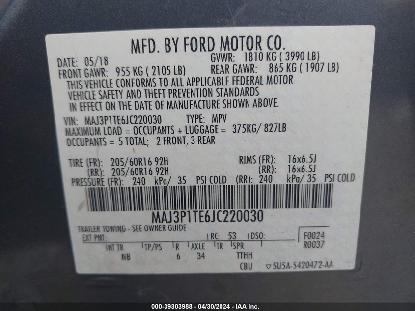 VIN MAJ3P1TE6JC220030 2018 FORD ECOSPORT SE
